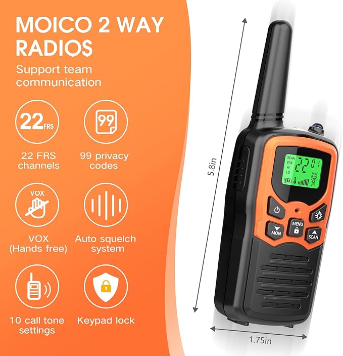 Walkie Talkies with 22 FRS Channels MOICO Walkie Talkies for Adults with LED Flashlight VOX Scan LCD Display, Long Range Family Radios for Hiking Camping Trip (Orange, 4 Pack)