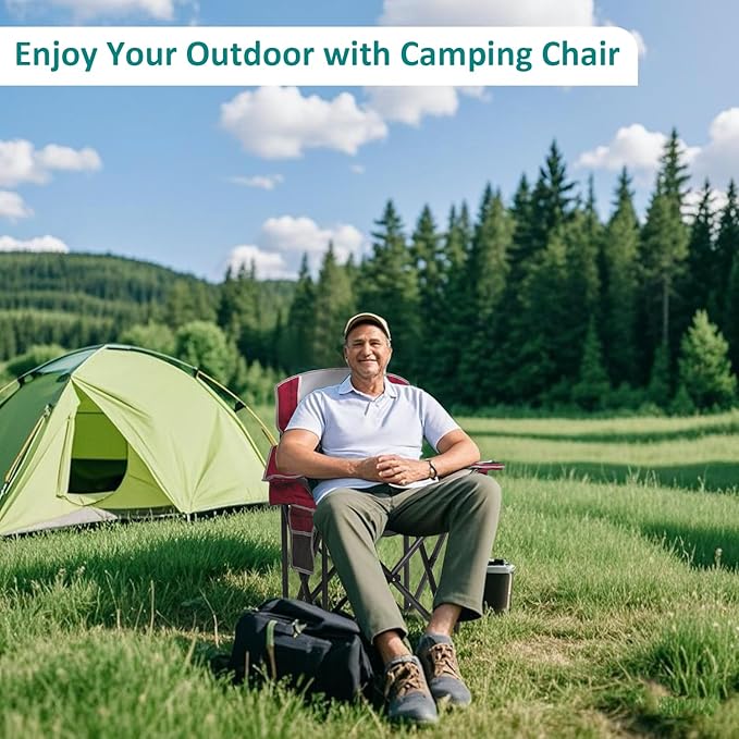 Camping Chair with Cooler Bag, Cup Holder, Storage Pocket, Heavy Duty 450lbs Capacity with Large Anti-Sink Feet, Portable Folding Padded Chair for Outdoor, Beach, Fishing, Sports, Red 2Pack