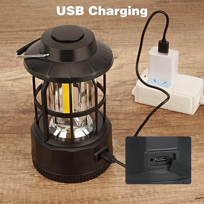 Camping Lantern Rechargeable USB Powered, Stepless Dimmer, Metal Retro Camping Light Waterproof Hanging LED Vintage Tent Lamp for Outdoor Hiking Fishing Emergency (Black)