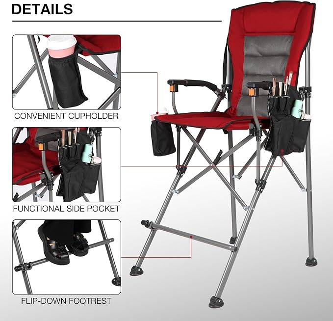 Extra Tall Folding Chairs for Adults 330lbs, Portable Bar Height Foldable Director Chairs for Camping Outside, Comfortable with Makeup Pocket, High Back and Footrest,Red