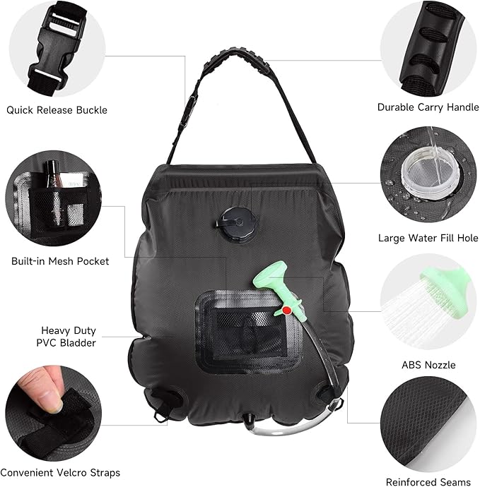 Unniweei Solar Portable Shower Bag, 5 Gal/20L Solar Heating Camping Shower Bag with Removable Hose&On-Off Switchable Shower Head, Compact Camping Shower for Camping, Hiking, Traveling, Beach Swimming