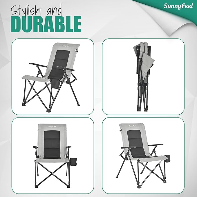 SUNNYFEEL Ergonomic High Back Camp Chair - 500lbs Heavy Duty Folding Chair, UV-Resistant Portable Camp Chair with Hard Armrests, Cup Holder& Bag for Outdoor, Basebal, Travel, Sports, Hiking, Fishing