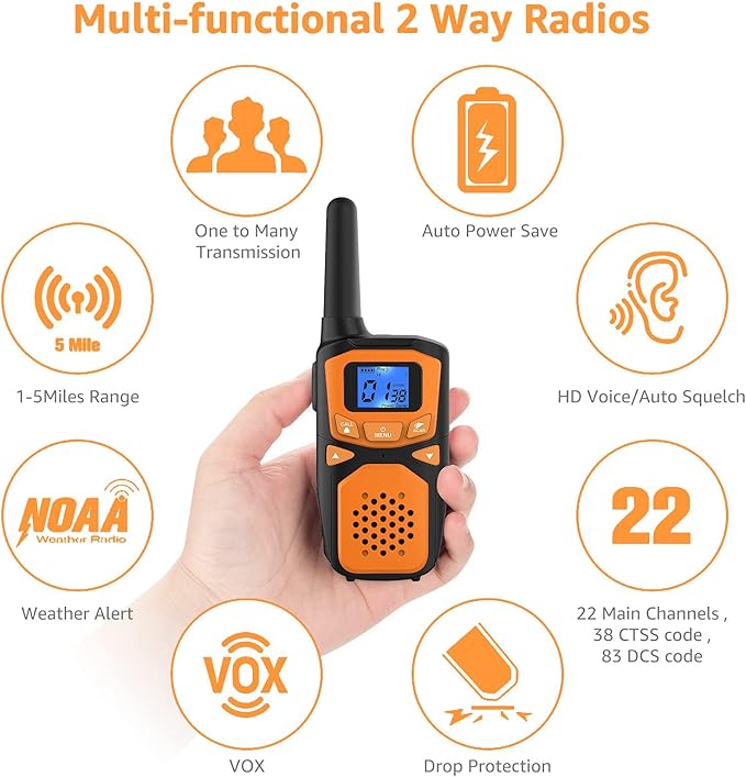 Adult Walkie Talkies 2 Pack, WokTok Rechargeable Long Range Walkie Talkies 2 Way Walkie Talkies, 22 Channels VOX Scanning LCD Display Ideal for Gift Giving, Family Camping and Hiking