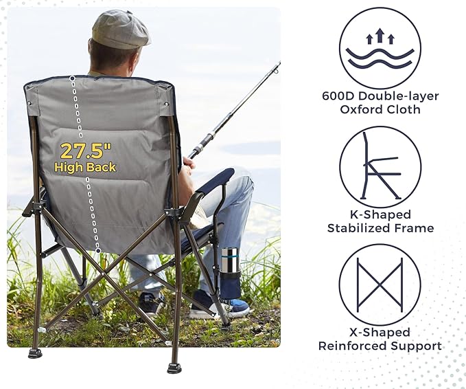 Large High Back Camping Chair for Adults - Oversized Comfortable for Tall People - Heavy Duty 450lbs Capacity K-Frame, Padded Seat & Armrests for Sitting Fishing Lawn Outside, Cup Holder (Blue)
