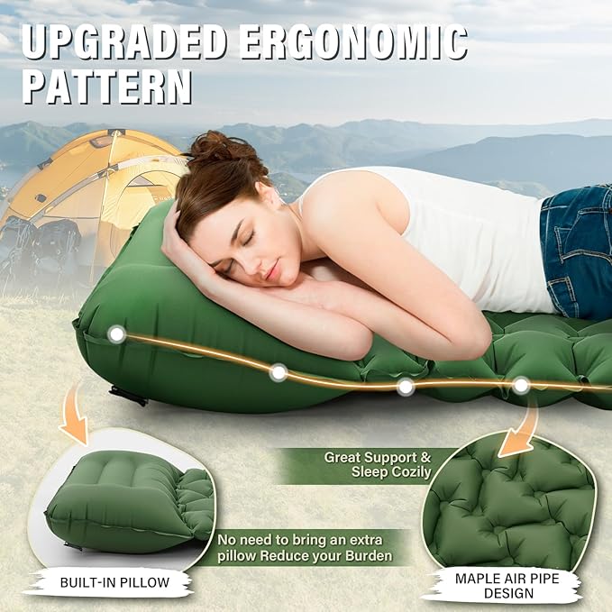 Sleeping Pad, Ultralight Camping Mat with Pillow Built-in Foot Pump Sleeping Mat Waterproof Portable and Compact Camping Mattress
