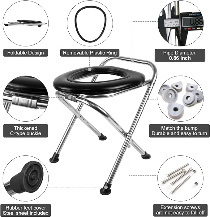 BLIKA Upgraded Portable Toilet for Camping, 350LBS Weight Capacity Portable Camping Toilet, Folding Toilet, Stainless Steel Portable Toilet with Soft Seat, Portable Toilet Travel Toilet Car Toilet