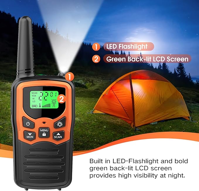 Walkie Talkies with 22 FRS Channels MOICO Walkie Talkies for Adults with LED Flashlight VOX Scan LCD Display, Long Range Family Radios for Hiking Camping Trip (Orange, 4 Pack)