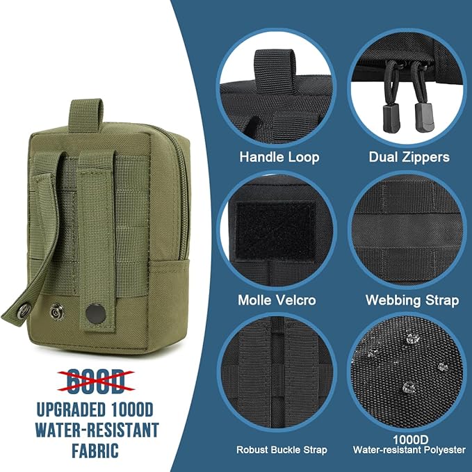MUCHER 2 Pack Molle Pouches Tactical Pouches EDC Pouch Organizer Molle Bag Utility Pouch with 4 Carabiners for Outdoor Hiking Hunting Camping Training