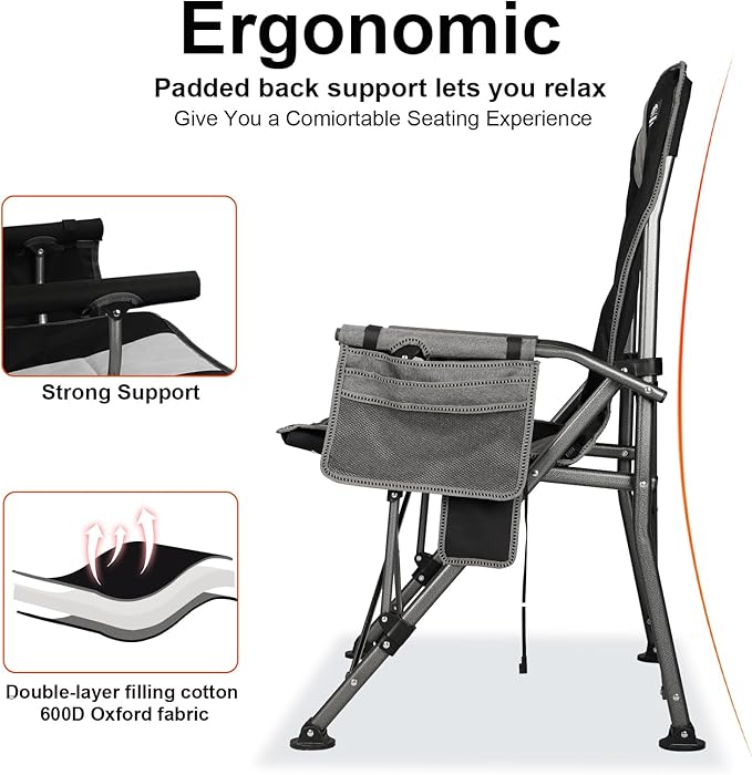 Heated Camping Chair w/Hard Armrest,3 Heat Levels Folding Outdoor Camp Chair w/Cup Holder,Heavy Duty Padded Portable Heating Lawn Chair Support 400 Lbs,Black,Battery NOT Included
