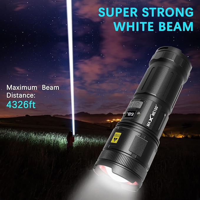 MAXME100® Dual Head Long Throw Flashlight, Flashlight High Lumens, Rechargeable, Super Bright, Powerful, Heavy Duty Long Lasting Flashlight for Outdoor Activity & Emergency Use
