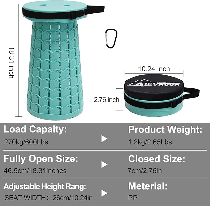 ALEVMOOM Upgraded Collapsible Stool with Cushion,600LBS Max Weight,18.1" Height Adjustable,Sturdy Portable Telescoping Stool,Folding Camping Stool for Outdoor Hiking Travel