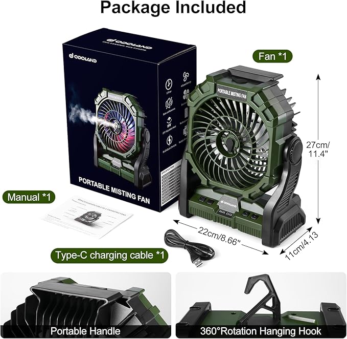 Odoland Portable Misting Fan with LED Light, 10000mAh Battery Operated Rechargeable Camping Mister Fan with 250mL Water Tank and Hook, Outdoor Tent Cooling Mist Fans for Patios Beach Home, Green