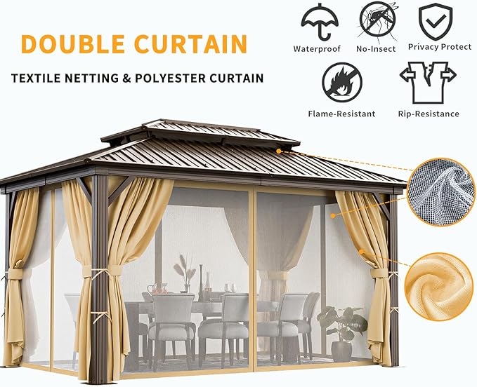 HOTEEL 10x12 Hardtop Gazebo on Clearance with Heavy Duty Galvanized Steel Double Metal roof,Aluminum Frame,Patio Gazebo with Curtains and Netting,Outdoor Permanent Pavillon for Backyard,Bronw