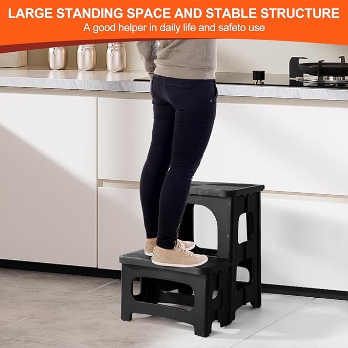 2-Step Folding Step Stool, Foldable & Dual Heights (8”/17”) | Non-Slip, Lightweight & Portable, Supports Up to 300 lbs, Ideal for Home, Office, Kitchen, RV, Boat Boarding & Camper Use