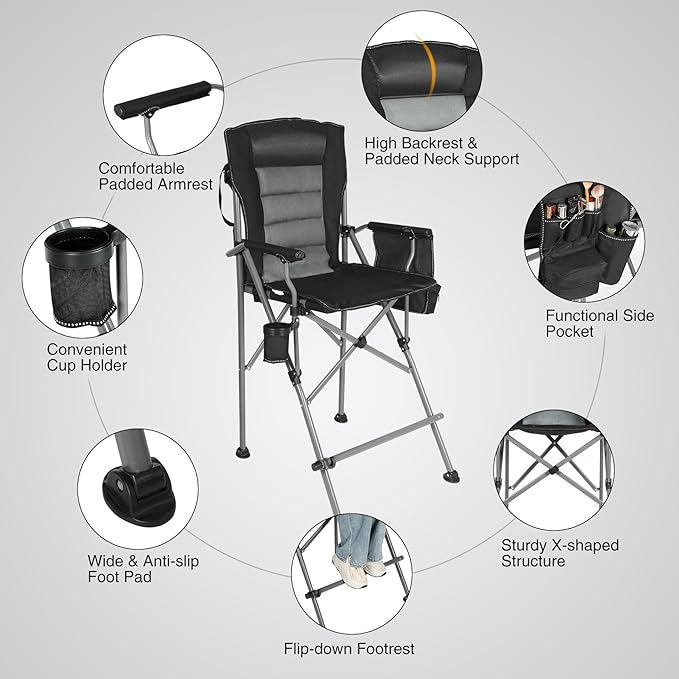 Extra Tall Folding Chairs for Adults 330lbs, Portable Bar Height Foldable Director Chairs for Camping Outside, Comfortable with Makeup Pocket, High Back and Footrest, Black