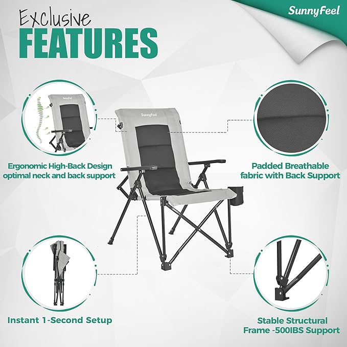 SUNNYFEEL Ergonomic High Back Camp Chair - 500lbs Heavy Duty Folding Chair, UV-Resistant Portable Camp Chair with Hard Armrests, Cup Holder& Bag for Outdoor, Basebal, Travel, Sports, Hiking, Fishing