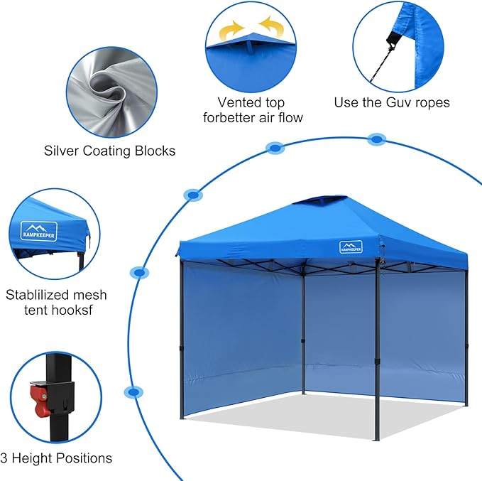 KAMPKEEPER 10x10 Pop Up Canopy Tent with 2 Sidewalls - Waterproof Outdoor Shelter for Sun Shade, Camping, Beach, Patio and Backyard Events, Blue