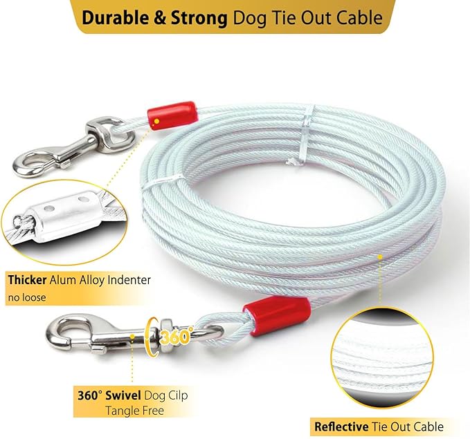 360° Swivel Dog Tie Out Stake and Cable for Small to Large Dogs Up to 150lbs - 30 ft Dog Yard Leash and Stake with 5 Strong Tether Holds 1000lbs of Pull Force for Yard Camping Outdoor - 30 ft Cable…