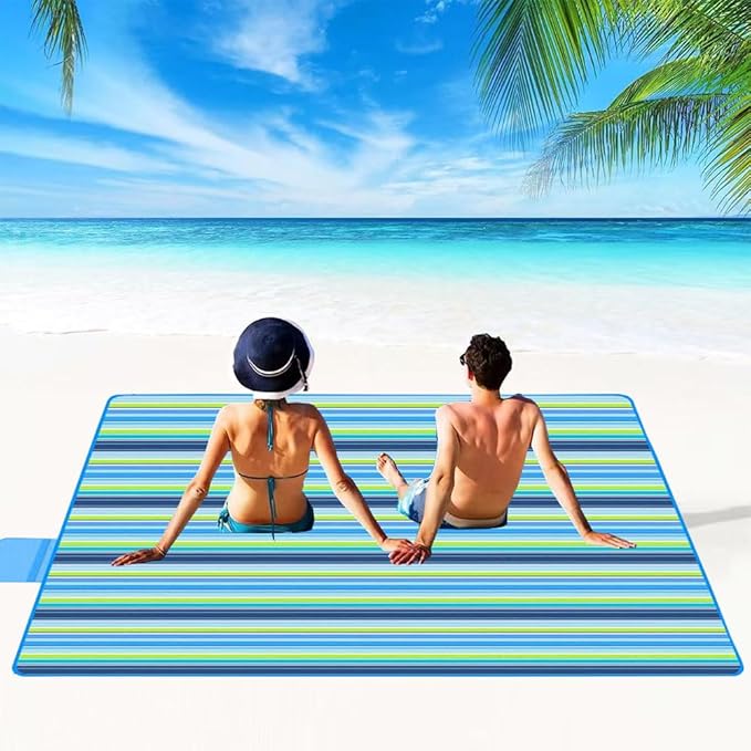 RUIBOLU Large Picnic Blanket, Beach Blankets(80X60) Inch Sandproof Beach Mat for 3-5 Adults Waterproof Quick Drying Outdoor Picnic Mat for Travel Camping Park Lawn (Blue Stripes)