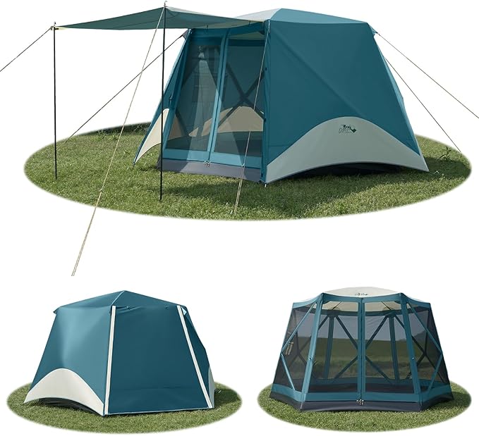 Instant Tents for Camping Pop Up Screen Tent with Floor, 6 Person Large Family Camping Tent with Rainfly and Porch, Easy 60S Setup Hub Tent for Outdoor Picnic Backyard, 11.5x10x6.83FT