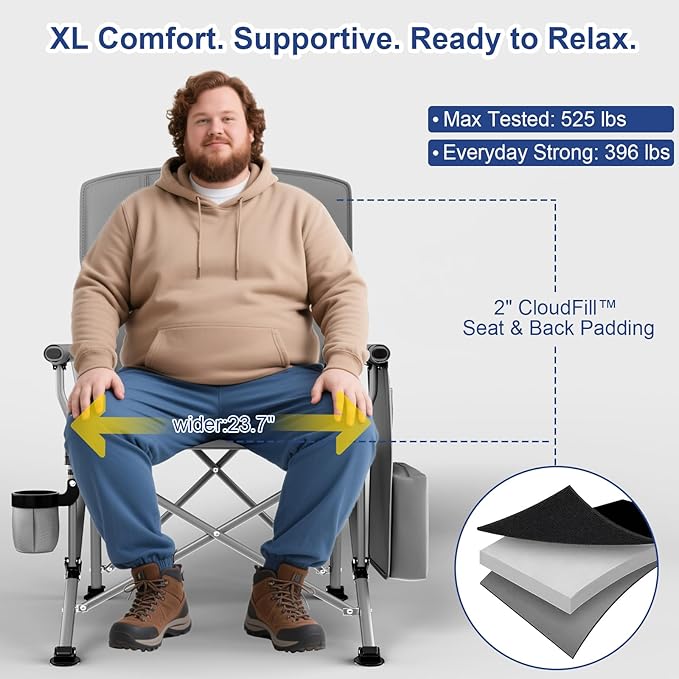 XL Heavy Duty Camping Chair 396lb Capacity (525lb MAX) - Waterproof 1680D Oxford - Oversized 2" Thick Padded Seat with Cup Holder & Cooler - Portable for Camping, Beach, Tailgating Slate/Navy