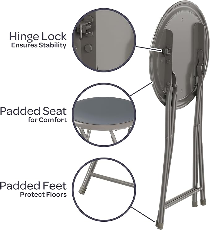 Round Folding Stool - Heavy-Duty 18-Inch Padded and Portable Stool with 300lbs Capacity for Dorm, Rec Room, or Game Room by Trademark Home (Gray)