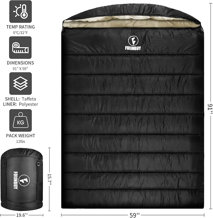 0 Degree Double Sleeping Bag for Adults, 2 Person Cold Weather Queen Size Sleeping Bag for Camping, RV Travel, or Family Outdoors