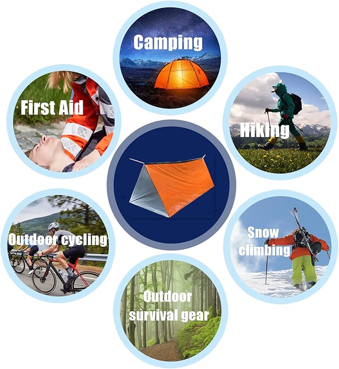 1 Piece Survival Shelter, Polyester Film Emergency Tent Survival Kit with String Bundle Pocket Whistle for Hiking, Car Camping, First Aid Hurricane
