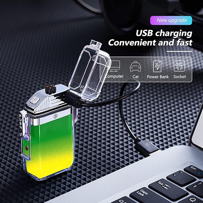 SKRFIRE Outdoor Windproof Flameless Lighter Rechargeable Plasma Double Arc Lighter Fashion Cute Mini Electric Lighter for Boyfriend, Friends and Family (Green and Yellow Gradient)