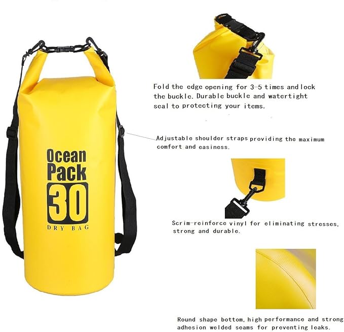 Sportmusies Waterproof Dry Bag - Roll Top Dry Compression Sack Keeps Gear Dry for Kayaking, Beach, Rafting, Boating, Hiking, Camping and Fishing (30L, Yellow)