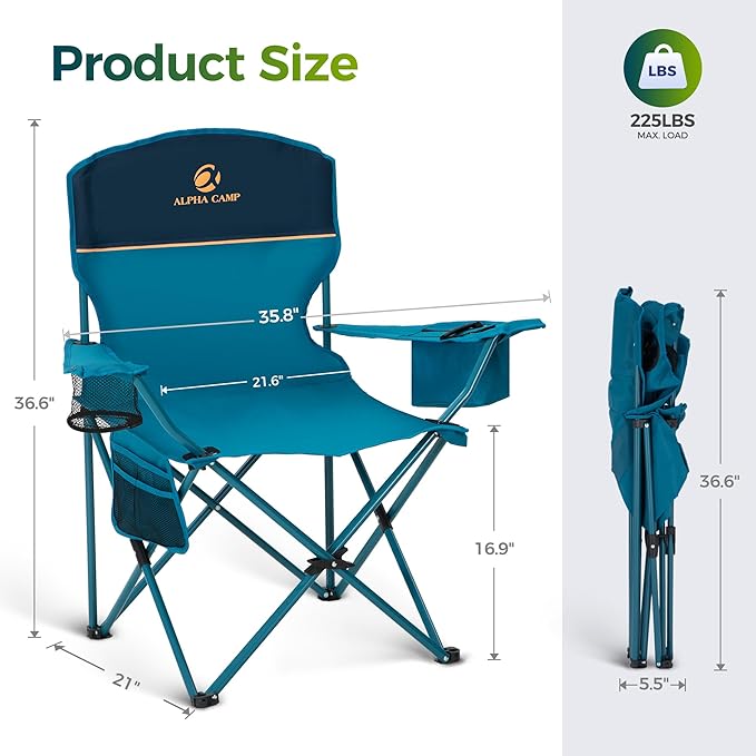 ALPHA CAMP Folding Camping Chairs for Adults Lawn Chairs Outdoor Chairs Support 250 LBS Portable Camp Chairs with Cup Holders Cooler Pouch for Outdoor, 2 Pack (Blue)