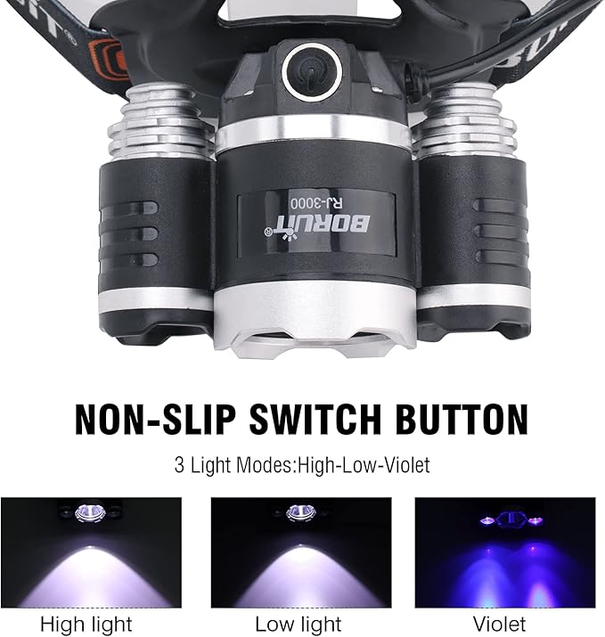 BORUIT RJ-3000 Rechargeabe LED Headlamp 5000 Lumens with Black Light, 3 Modes Super Bright USB Head Lamp IPX4 Waterproof Headlight for Adults USB Outdoor Fishing Camping