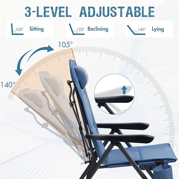 PORTAL Reclining Camping Chair with Adjustable Back Folding Camp Recliner for Adults Portable High Back Oversized, 400LBS (Blue)