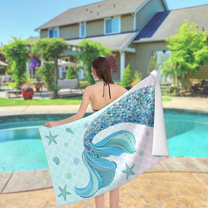 Mermaid Beach Towel, Cute Quick Dry Thin Mermaid Tail Absorbent Bath Towel for Girls & Womens, Kids Fantasy Summer Lightweight Beach Blanket for Travel Pool Yoga Sports 30 x 60 in