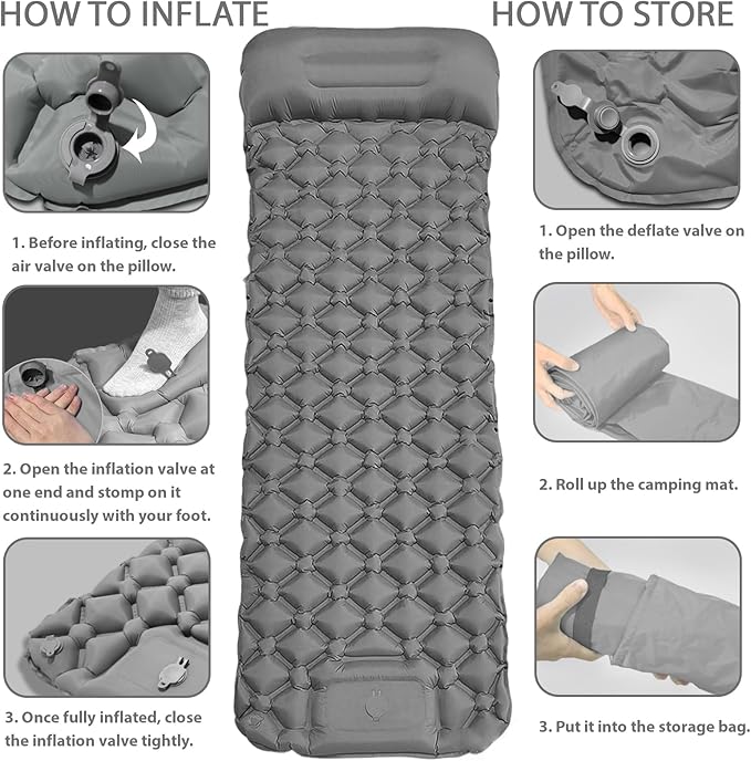 MEI&CO Lightweight Convertible Double Inflatable Camping Pad – 2-in-1 Single Pads Built-in Pillow – Quick Inflate Foot Pump, 660lb Capacity – Perfect for Couples & Family Adventures (2, Gray)