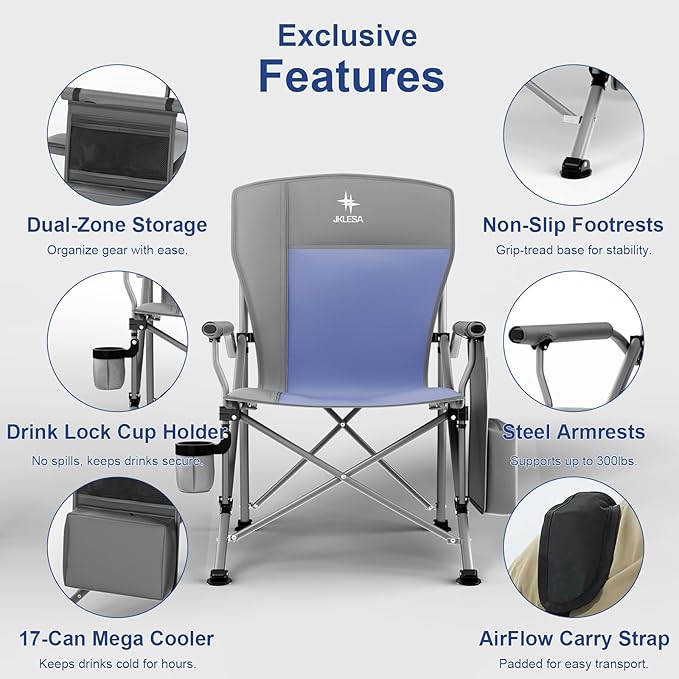 XL Heavy Duty Camping Chair 396lb Capacity (525lb MAX) - Waterproof 1680D Oxford - Oversized 2" Thick Padded Seat with Cup Holder & Cooler - Portable for Camping, Beach, Tailgating Slate/Navy