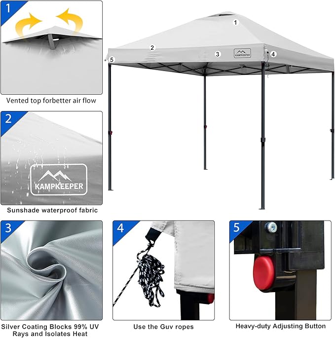 KAMPKEEPER Canopy Tent,Outdoor Canopy,10x10 Pop Up Canopy Tent for Commercial Garden Wedding Camping Party,3 Adjustable Height with Ropes and 4 Stakes (White)