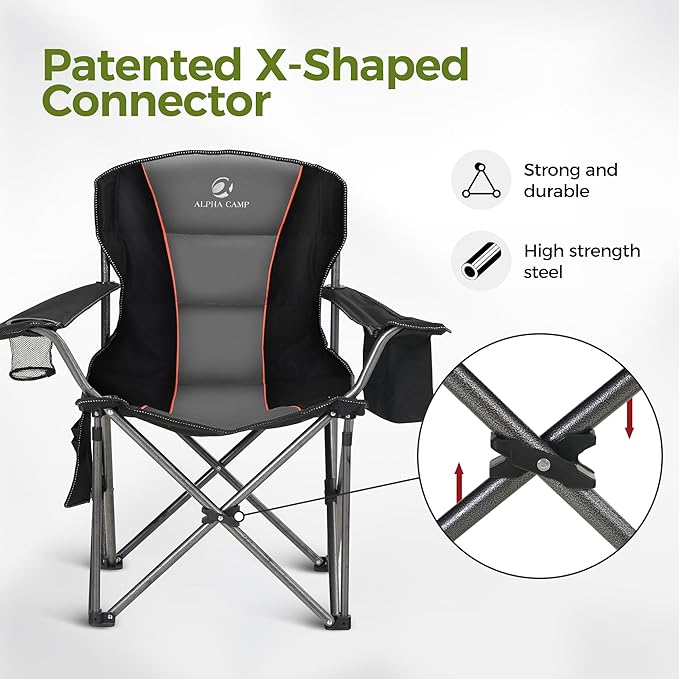 ALPHA CAMP Oversized Camping Chair Heavy Duty Lawn Chair with Cooler Bag Support 450 LBS Steel Frame Collapsible Padded Arm Quad Lumbar Back Folding Chair for Lawn Outdoor