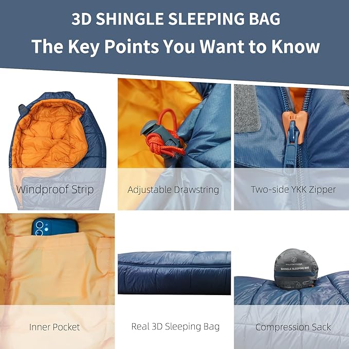 Mountainlodge 3-4 Seasons Shingle Sleeping Bag 15℉ with Inner Pocket for Adult,Perfect for Backpacking,Traveling and Hiking,Including Free Compression Stuff Sack.