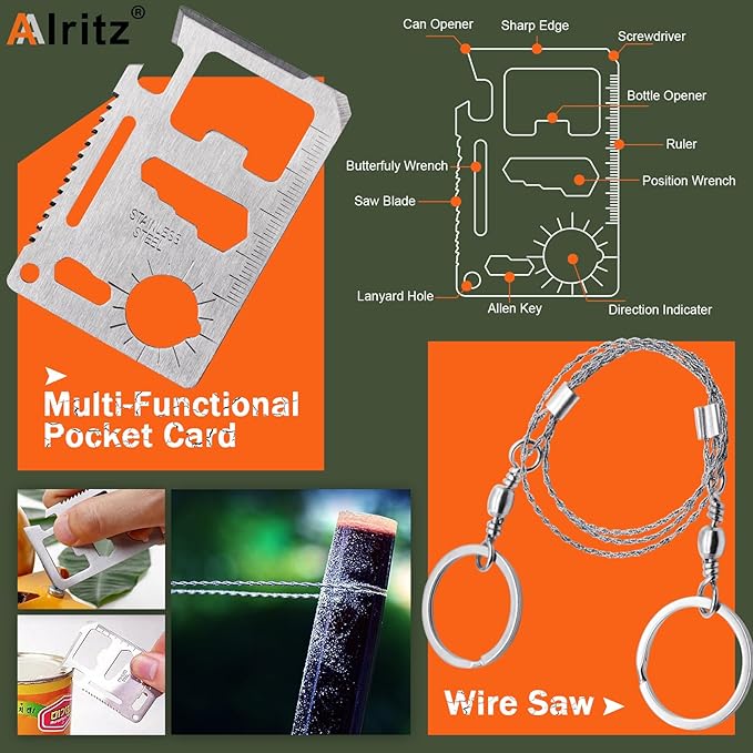 Alritz Emergency Survival Kit, 12 in-1 Outdoor Survival Gear Lifesaving Tools Contains Compass, Fire Starter, Flashlights for Camping Hiking Wilderness Adventures and Disaster Preparedness