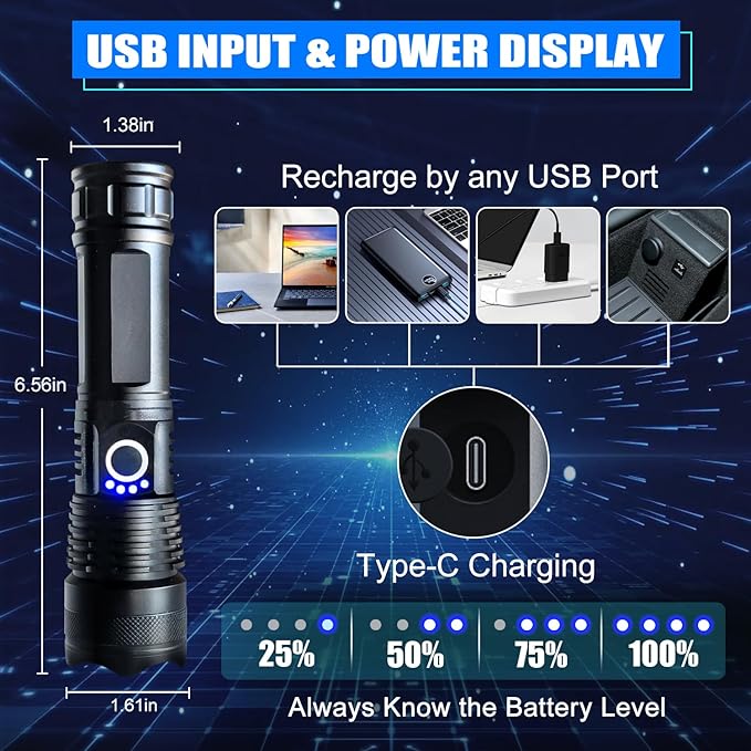 Flashlights High Lumens Rechargeable, Super Bright 900000 High Lumen 15 Hours Long Life LED Tactical Flashlight, 5 Light Modes, IPX7 Waterproof High Powered Flash Lights,Suitable for Emergency, Hiking