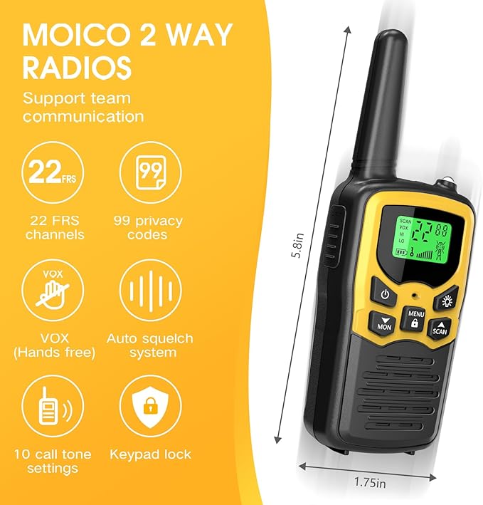 Walkie Talkies for Adults, MOICO Long Range Walkie Talkies for Adults with 22 FRS Channels,Family Walkie Talkie with LED Flashlight VOX LCD Display for Hiking Camping Trip (Yellow,2 Pack)