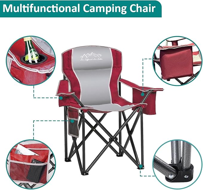 Camping Chair with Cooler Bag, Cup Holder, Storage Pocket, Heavy Duty 450lbs Capacity with Large Anti-Sink Feet, Portable Folding Padded Chair for Outdoor, Beach, Fishing, Sports, Red 2Pack