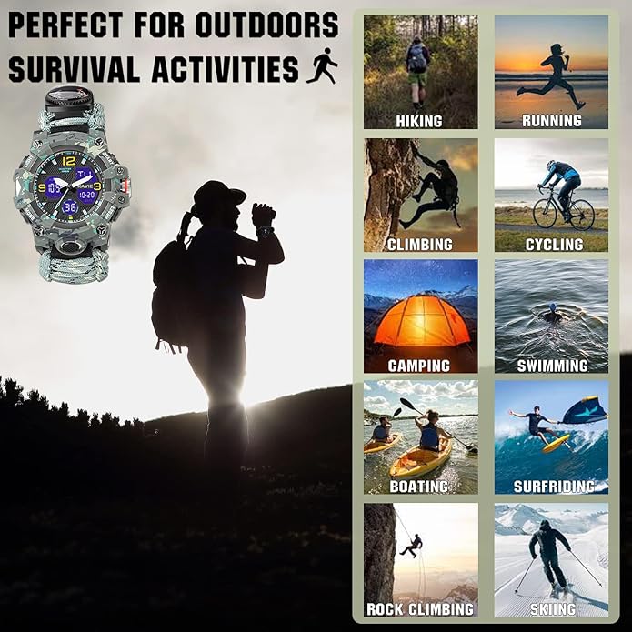 23-in-1 Survival Military Digital Watch, Mens Tactical Multi-Functional and Adjustable Wristband Outdoors Waterproof Sports Dual Dial Watches with Compass Paracord Band