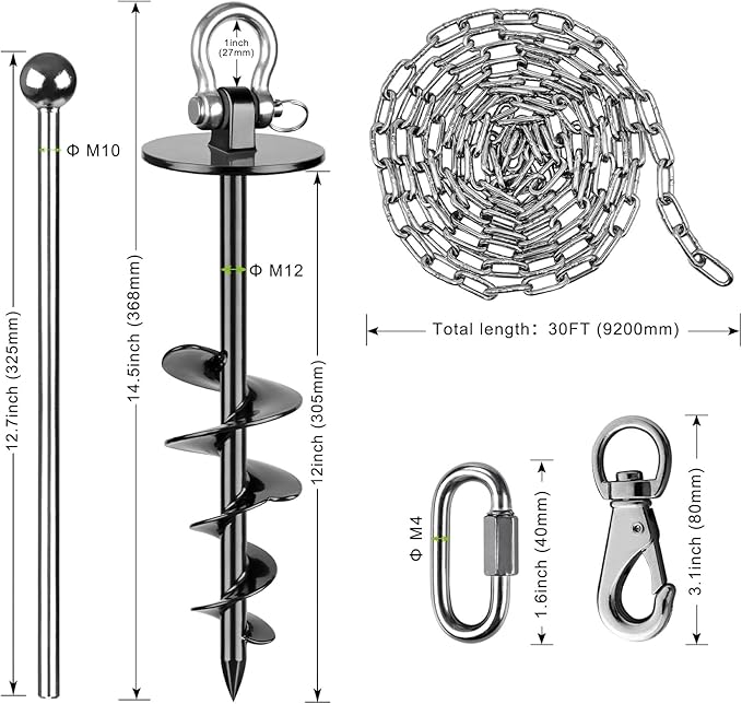 SELEWARE Dog Tie Out Stake Outdoor Anti-Rust Dog Anchor with Stainless Steel Dog Chain Leash for Large Dogs up to 220 lbs, Foldable Dog Stake Dog Camping Gear 30 ft C