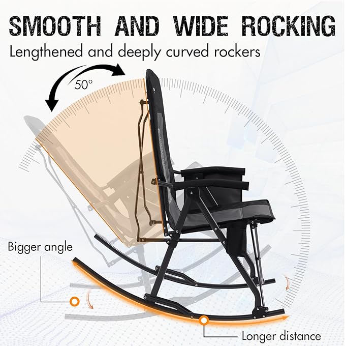 PORTAL Oversized Folding Rocking Camping Chair Portable Outdoor Rocker with High Back Hard Armrests Carry Bag, Supports 400 lbs