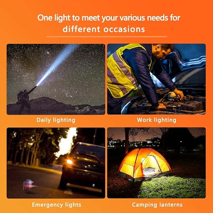 Super Bright LED Handheld Spotlight Flashlight Rechargeable 9600mAh 6000 Lumens Long Lasting Spot Light Waterproof Tactical Torch, 6 Light Modes Side Floodlight, USB Output PowerBank