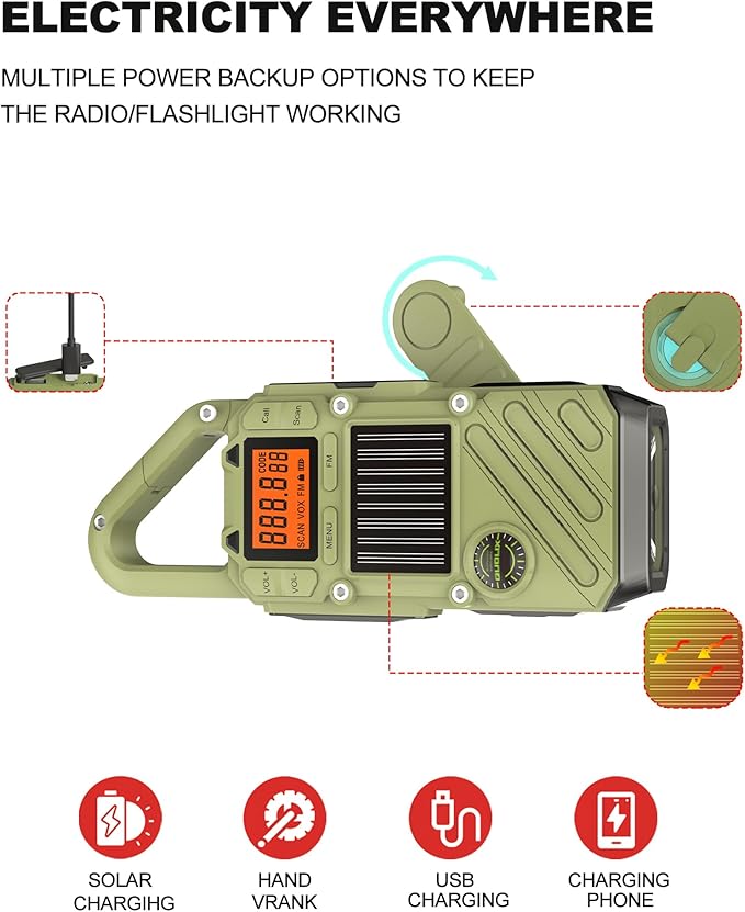 Rechargeable Adult Walkie Talkie with Emergency Solar Hand Crank Charging with FM/NOAA,Weather Alert,LED Flashlight-USB Charging and SOS Siren Long Range 2-Way Radio
