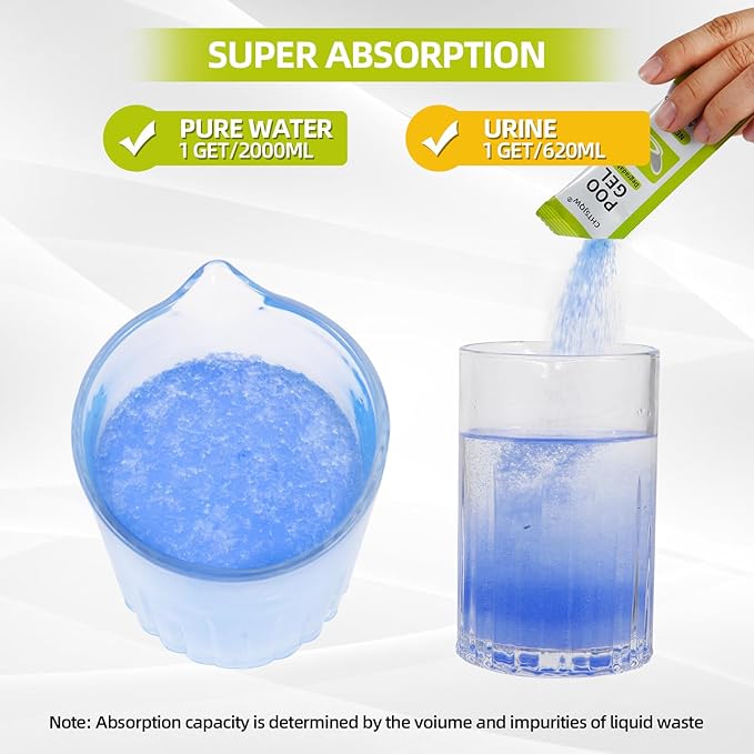 Portable Toilet Absorbent Gel Powder, 100 Pack Poo Gel for Camping Eco Absorbent Gel, Poo Urine Powder for Camping Outdoor Hiking Fast-Acting Gel