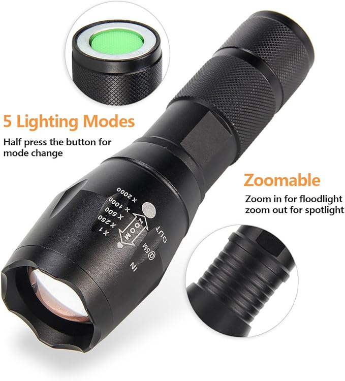 ULTRAFIRE 2 Pack A100 LED Hunting Flashlight,800 Lumen 3-Color-Light Tactical Flashlight 5 Modes Zoomable Small LED Hand held Flashlights (White Light/RED Light/Green Light)